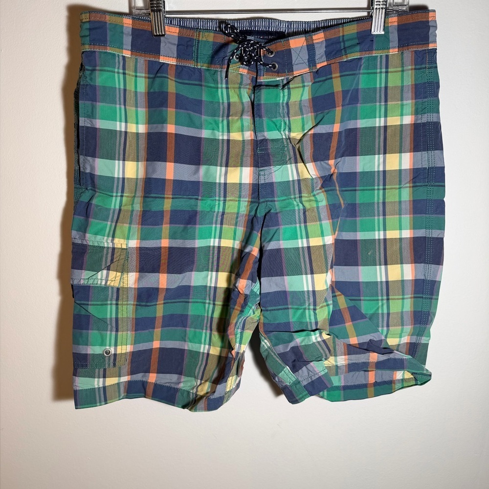 Plaid Men's Swim Shorts - Green and Blue
